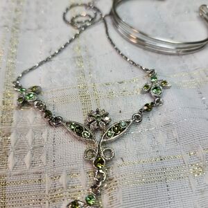 Premier Designs Olive Green Rhinestone Floral Drop Necklace